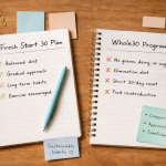 Fresh Start 30 vs Whole30 – structured comparison visual - Fresh Start 30: A Journey To Better Health Top-down view of two notebooks and planning tools on a wooden desk, representing a clear comparison between Fresh Start 30 and Whole30.